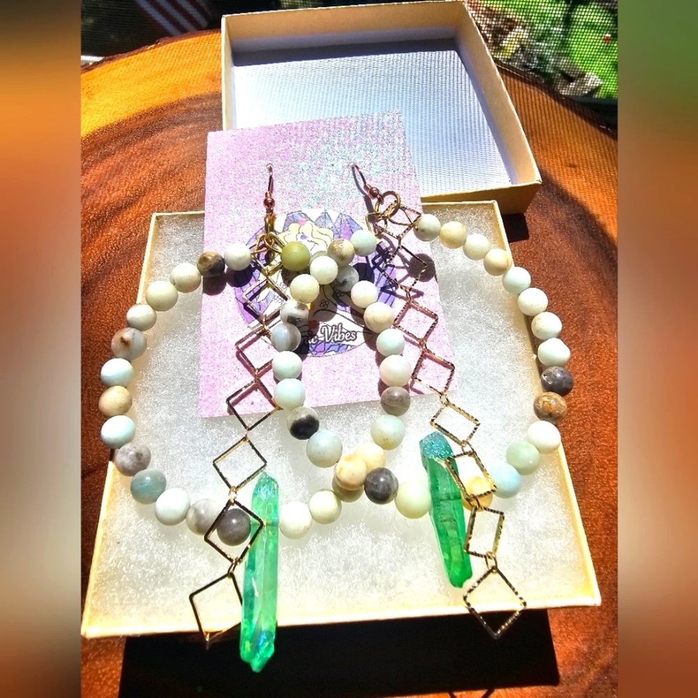 Handmade Jasper Hoops With Angle Aura Crystal And Gold Chain.